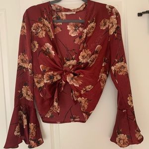 American Threads Red Floral Tie Front Top
